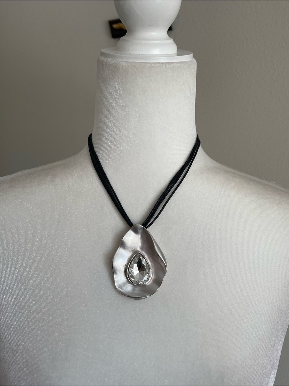 Silver Teardrop Pendant Necklace with Black Cord